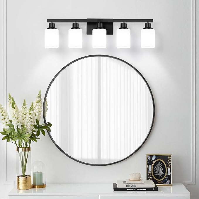 5-Light Bathroom Vanity Light, Modern Matte Black Bathroom Light Fixtures with Square Frosted Glass, Wall Sconces fixtures Over Mirror Restroom,Living Room Hallway E26