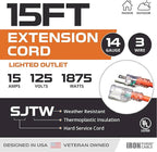 Iron Forge Cable Weatherproof 15 Ft Outdoor Extension Cord - 14/3 SJTW 15 Amp Heavy Duty Orange Extension Cord 3 Prong - Lighted End