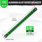Magnetic Socket Organizer, 1-Piece Heavty Duty Aluminum Socket Holder, Socket Rail for Tool Box, Premium Quality 360° Swivel Socket Rack with 14 Clips for 1/4-Inch(Green)
