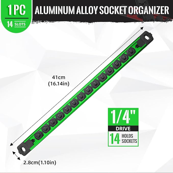 Magnetic Socket Organizer, 1-Piece Heavty Duty Aluminum Socket Holder, Socket Rail for Tool Box, Premium Quality 360° Swivel Socket Rack with 14 Clips for 1/4-Inch(Green)