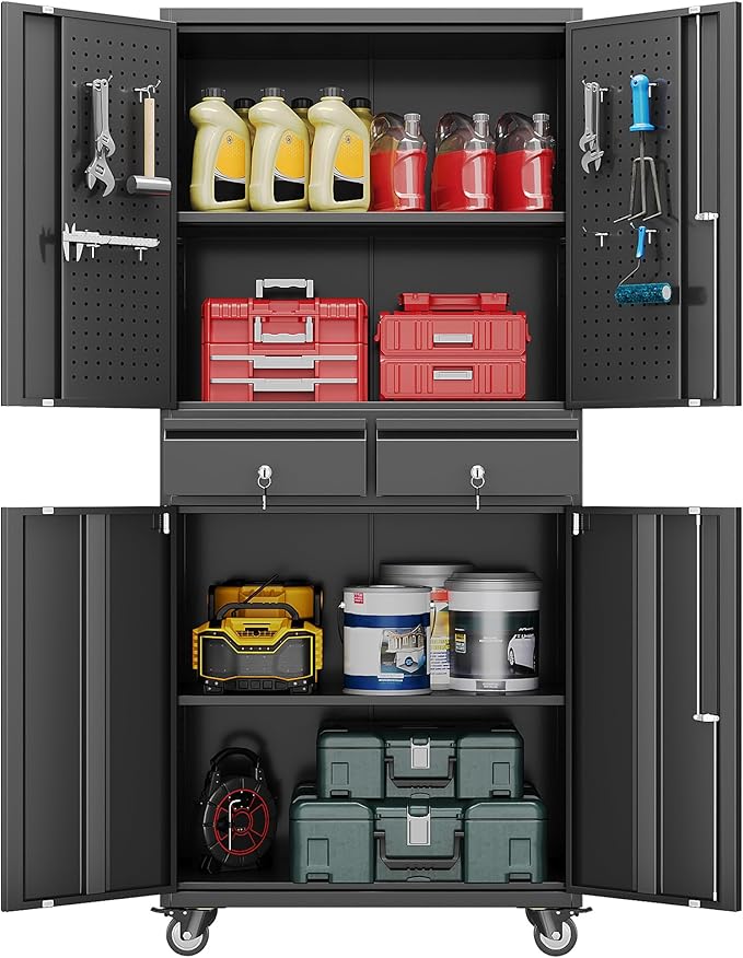 Metal Garage Storage Cabinet with 2 Drawers and 2 Adjustable Shelves, Rolling Tool Storage Cabinet with Wheels and Locking Doors for Garage, Warehouse, Assembly Required, Black