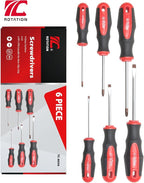 ROTATION 6PCS Magnetic Tip Screwdriver Set, 3 Phillips and 3 Flat, Red Tip | Red, Gloss, S2 Steel)