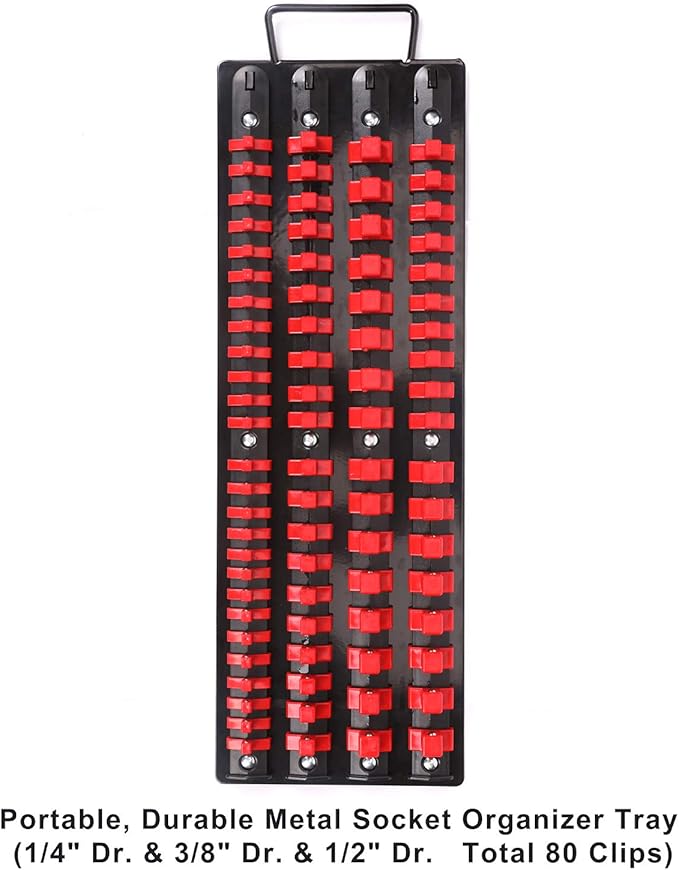 CASOMAN 80-Piece Portable Socket Organizer Tray, 1/4-Inch, 3/8-Inch, 1/2-Inch,Heavy Duty Socket Rail, Black Rails with Red Clips