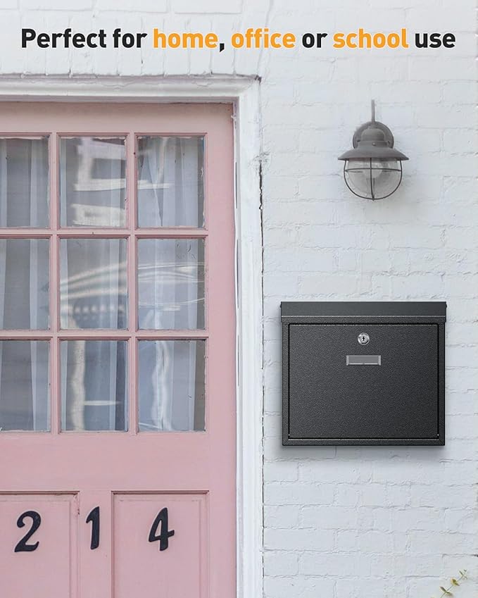 Uniclife Wall Mount Mailbox for Outside, Large Locking Mailbox with Key Lock, Security Mail Box, Postbox for House, Safe Key Drop Case, Steel Cash Drop Case for Home Office School, Black