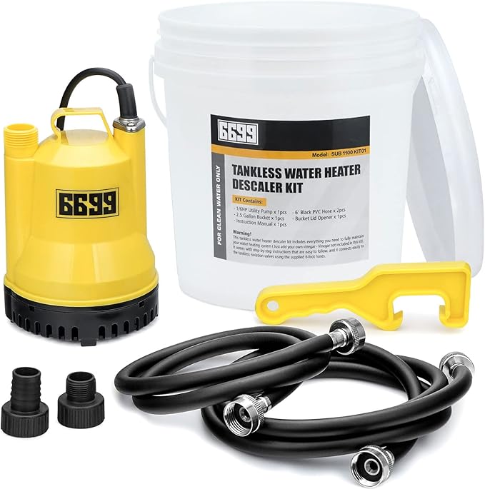 Tankless Water Heater Descaling Flush Kit Includes Submersible Utility Pump with Adapters 3 Gallons Pail with Bucket Lid Opener and Two 3/4" GHT X 6FT PVC Black Hoses Easy Installation to Clean