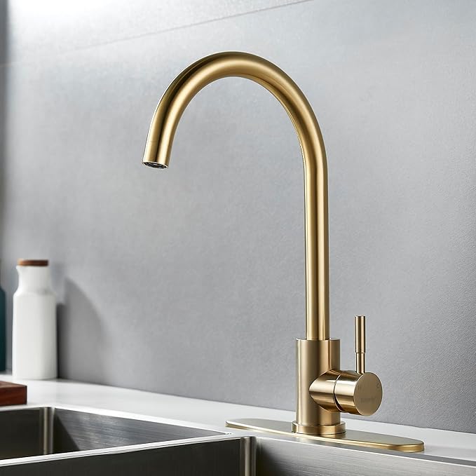 Single Handle High Arc Brushed Gold Kitchen Faucet Stainless Steel Commercial Single Hole Kitchen Sink Faucet, Modern One Hole Bar Sink Faucet with Deck Plate