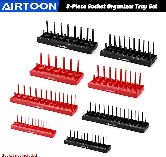 AIRTOON 8-Piece Socket Organizer Trays, SAE and Metric Socket Tray Set, 1/4", 3/8", and 1/2" Drive Deep and Standard Socket Holders Organizers for Toolbox, Black & Red