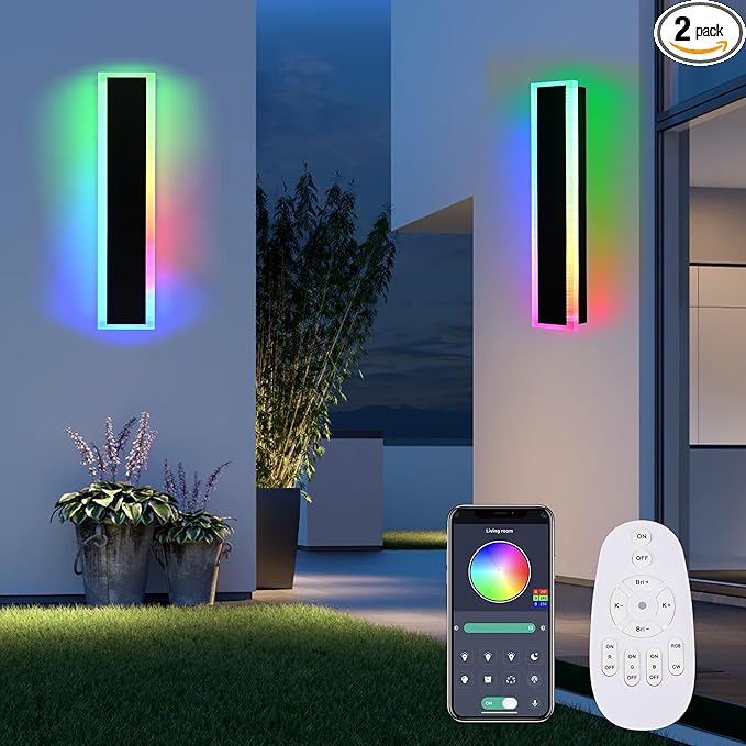 MELUCEE 2 Packs 24in Long Outdoor RGB LED Wall Lights, 5.1in Wide Exterior Wall Light Fixtures Black Dimmable Long Strip Wall Sconce with Remote Control for House Garage Patio Porch, IP65 Waterproof