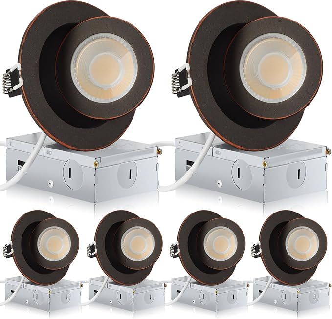 Oil Rubbed Bronze Recessed Lighting 4 Inch 6 Pack, Ajustable Eyeball recessed Light with Junction Box,5 Color Selectable,Airtight,9W 750LM,Dimmable,Bronze