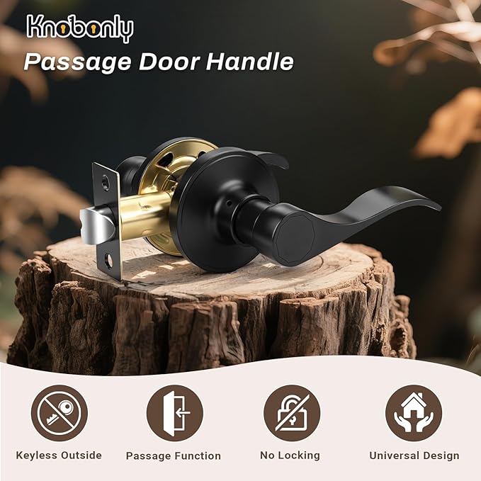 Knobonly 3 Pack Matte Black Pasage Door Levers Interior Door Handles for Hallyway andCloset Door Knobs Keyless Black Door Handles with Lock, Zinc Alloy Reversible for Right/Left