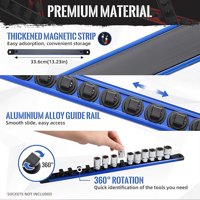 Magnetic Socket Organizer - 6-Piece Heavy Duty Aluminum Socket Holder with 80 Clips for 1/2, 3/8, 1/4-Inch (Black & Blue)