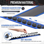 Magnetic Socket Organizer, 1-Piece Heavty Duty Aluminum Socket Holder, Socket Rail for Tool Box, Premium Quality 360° Swivel Rack with 14 Clips for 3/8-Inch(Blue)