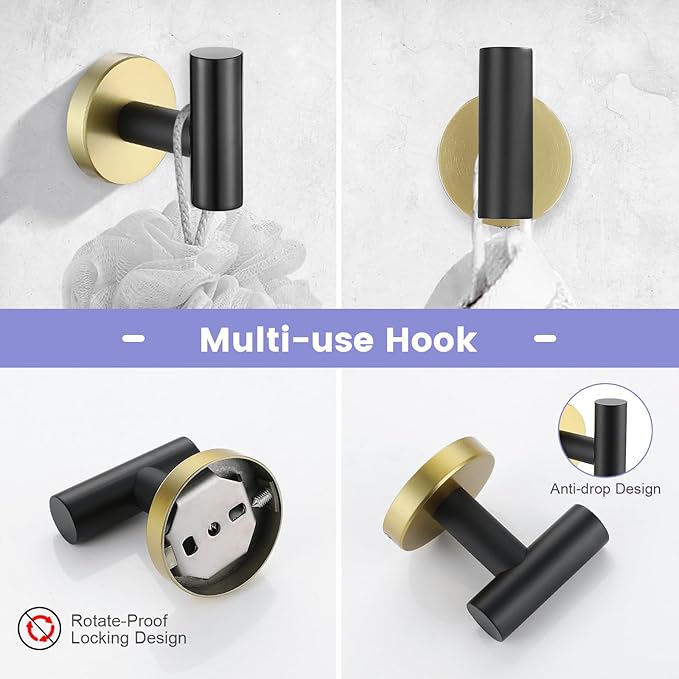 Black and Gold Bathroom Hardware Accessories Set,4 Pieces Towel Bar Set 27.5 Inch Towel Bar,Rack Set for Bathroom SUS304 Stainless Steel Towel Holder Set,Wall Mounted