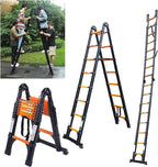 JADDUO Telescoping Ladder A Frame,18.5 Ft Compact Aluminum Extension Ladder,Portable Telescopic RV Ladder for Outdoor Camper Trips Motorhome with Tool Platform and Stabilizer Bar 330 lbs, Black Orange