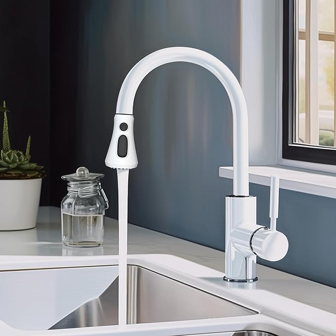 Hibbent Pull Down Spray Head for Kitchen Faucet, NSF/ANSI/CAN 61 & CUPC Certified 3-Function Spray Nozzle, 14 Adapters, Sink Faucet Head Replacement Compatible with Moen, Delta, Kohler, White