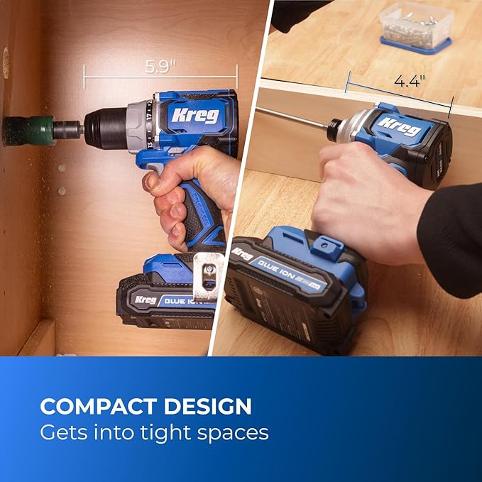 Kreg Ionic Drive Drill & Driver Combo Bundle - With Charger & Battery (2) - High Torque Professional Workshop Tool - LED Light - Two Speed & Variable Speed Trigger - Heavy Duty Tool - KPTBDRDV2550A