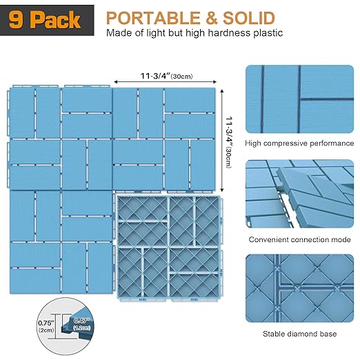 Goovilla Plastic Interlocking Deck Tiles, 9 Pack Outdoor Patio Flooring, 12"x12" Interlocking Decking Tile Outdoor All Weather Use, Waterproof Patio Paver for Pool Balcony Backyard Porch, Blue…