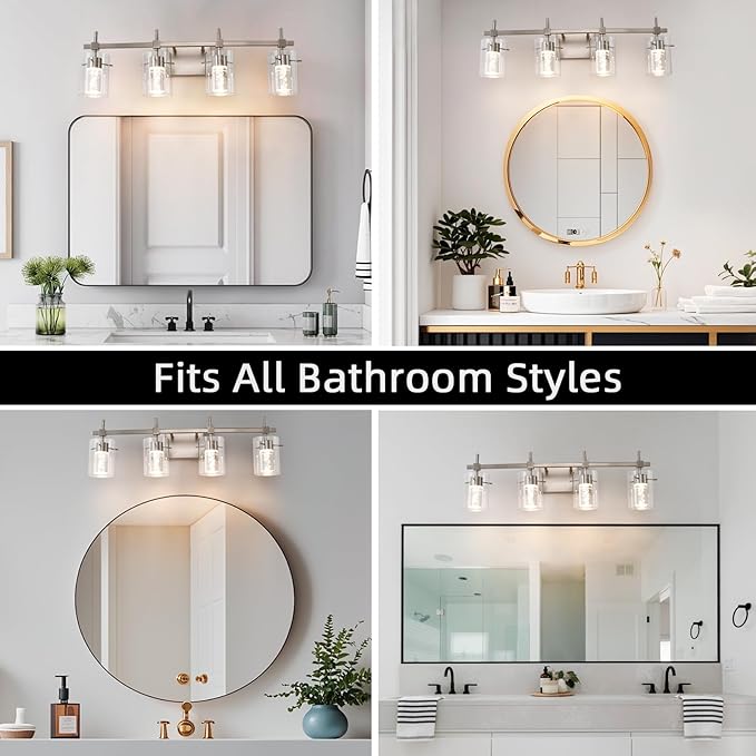 Bathroom Light Fixtures 4-Light, Brushed Nickel Vanity Light Over Mirror Dimmable 3 Color (3000K/4000K/6000K), Eye Protection LED Bathroom Lights Wall lamp Over Mirror with Clear Glass Shade