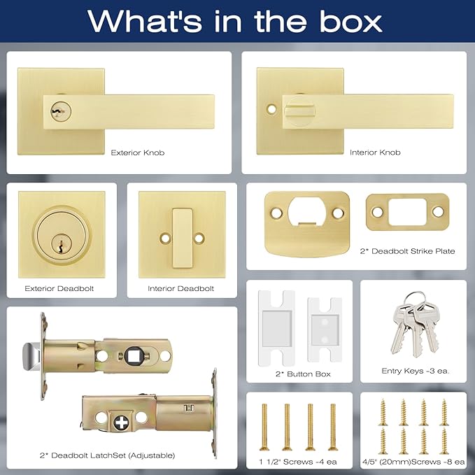 EHOMEWARE 5 Pack Satin Brass Door Handle Set with Single Cylinder Deadbolt, Entry Door Locksets with Deadbolt Modern Contemporary Square Design in Zinc Alloy Satin Brass Finish