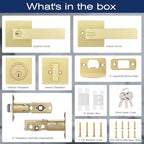 EHOMEWARE 4 Pack Contemporary Satin Brass Entry Lever Door Handle and Single Cylinder Deadbolt Locking Lever Handle Set, [Front Door or Office] Right & Left Sided Doors Heavy Duty