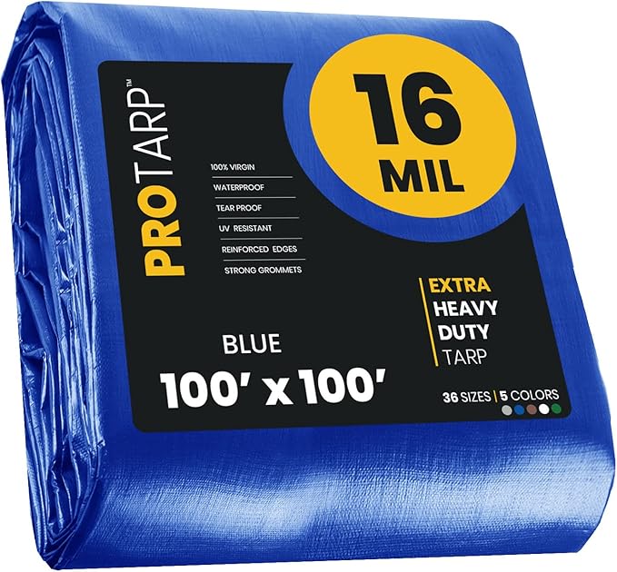 PROTARP Extra Heavy Duty 16 Mil Tarp Cover, Waterproof, UV Resistant, Rip and Tear Proof, Poly Tarpaulin with Reinforced Edges for Roof, Camping, Patio, Pool, Boat. (Blue 100′ X 100′)