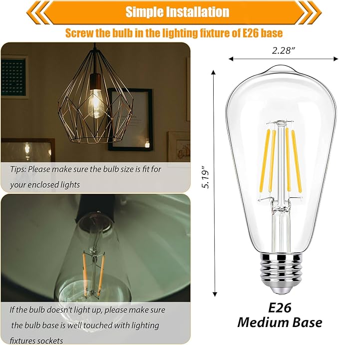 12 Pack LED Edison Bulbs 40 Watt Equivalent, 4 Watt LED Filament Bulb, 3000K ST19 Warm White Light Bulb, 450LM E26 Vintage Bulbs CRI 90, Not Dimmable