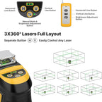 Laser Level 360 Self Leveling,DEGLASERS 3x360 Green Cross Line Laser Level for Construction and Picture Hanging with Rechargeable Battery(30Hrs), Remote Control, Magnetic Bracket, Portable Bag