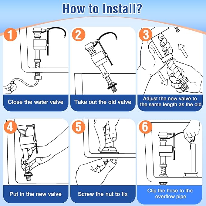 Saillong 6 Pack Toilet Fill Valve Replacement, Height Adjustable Universal Toilet Tank Flusher Replacement Kit, Leak-Proof Easy Install Fill Valve Repair Kit