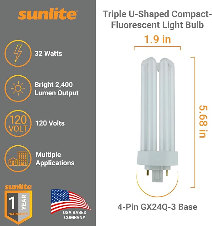 Sunlite CFL Plug-in PLT 4-Pin Triple Tube Light, 32 Watts, 4-Pin GX24q3 Base, 2400 Lumens, 4100K Cool White, 10 Pack