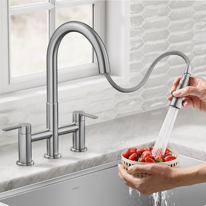 KRAUS Oletto Bridge Kitchen Faucet with Pull-Down Sprayhead in Spot-Free Stainless Steel, KPF-3122SFS