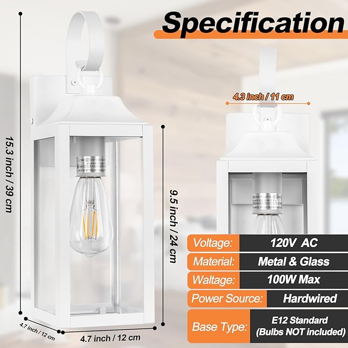 2 Pack Outdoor Light Fixtures Wall Mount, 15 Inch White Exterior Wall Sconces Waterproof, Large Outside Lights for House, Modern Wall Lanterns Clear Glass