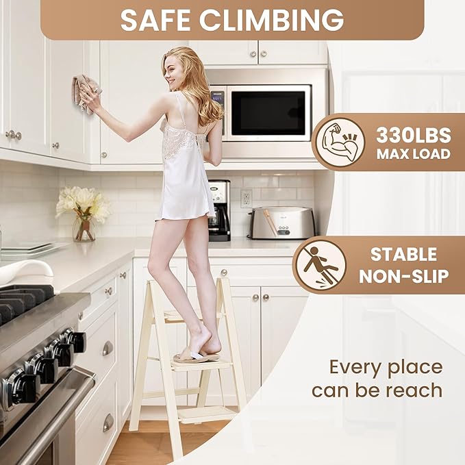 GameGem 3 Step Ladder Folding Step Stool with Wide Anti-Slip Pedal, 330LBS Capacity, Lightweight Portable Stepladder for Home and Kitchen Use, Cream White