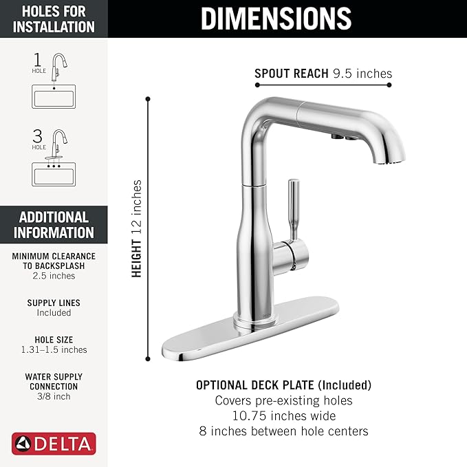 Delta Almari Chrome Kitchen Faucet with Pull-Out Sprayer, Modern Single Hole Kitchen Sink Faucet, Single Handle, Chrome 16943-DST