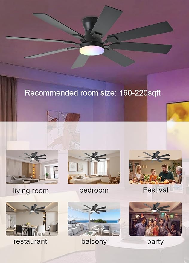 52 inch Ceiling Fan with Light, 6 Speeds Reversible Low Profile Ceiling Fan with Light and Remote/APP Control, 3 Color Temp+Dimmable RGB, 8 Blades, Flush Mount Quiet Ceiling Fans, Black