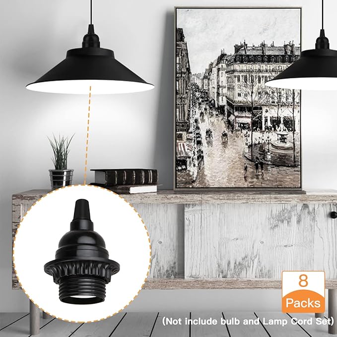 8 Pack E26 E27 Light Sockets, Black Medium Screw Base with Shade Ring, Retro Period Style Edison Lamp Holder, Replacement DIY Making Light Bulb Socket Cover Pendant Lamp Holder Keyless Lamp