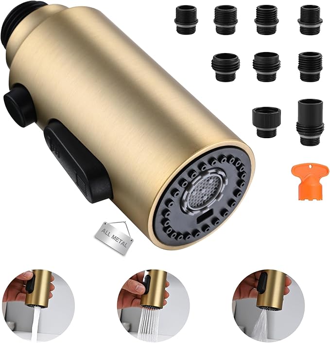 Metal Kitchen Faucet Head Replacement, 3-Function Pull Down Spray Head for Kitchen Faucet, High Pressure Sink Spray Nozzle with 9 Adapters Compatible with American Standard, ‎Brushed Gold