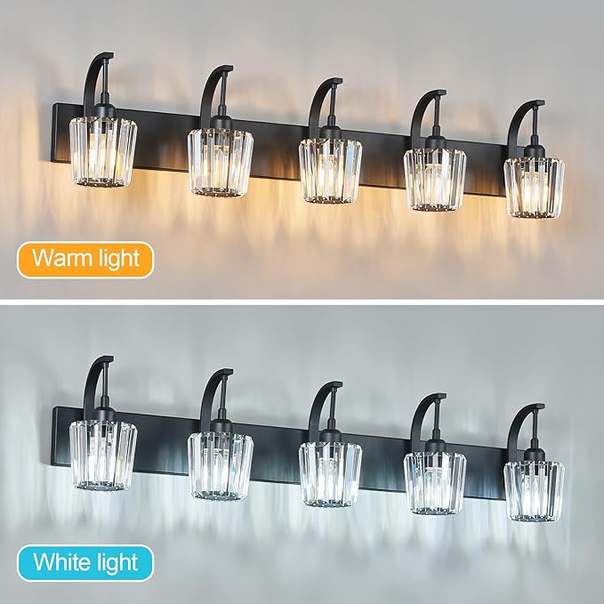 Modern Bathroom Vanity Light, 5-Light Black Wall Sconce with Crystal Accents, Over Mirror Bathroom Lighting Fixture, 42.51" Long Dimmable Vanity Lamp for Makeup, Easy Installation