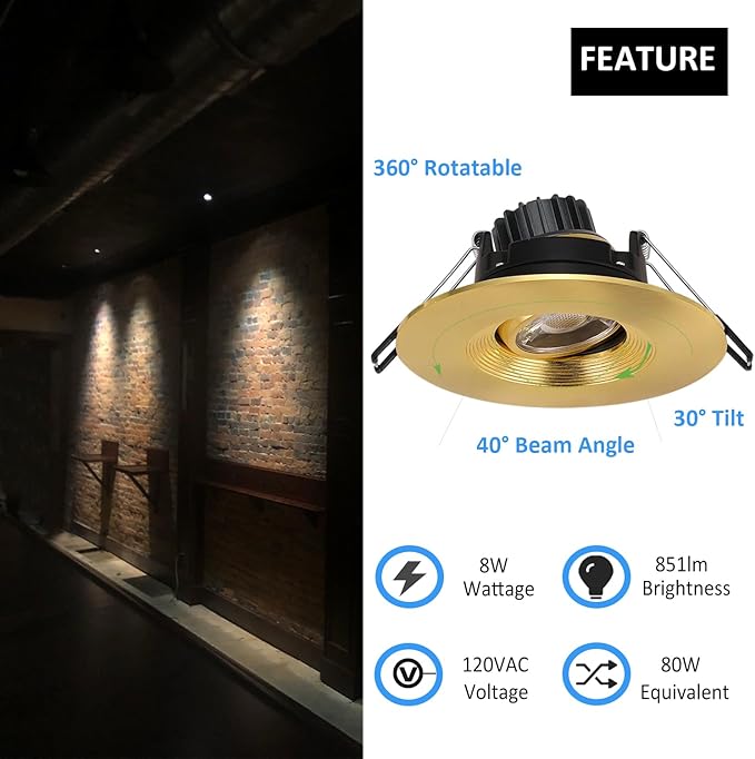 Premium 4-inch LED Recessed Lights - 5 CCT 4 Inch Eyeball Ceilling Gimbal Potlight, Dimmable Recessed Lights Fixture with Junction Box, 8W CCT Adjustable, Shiny Gold, with Baffle, 6P