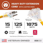 Iron Forge Cable 10 Gauge 25ft Lighted Outdoor Heavy Duty Extension Cord with 3 Outlets - 15 Amp 10/3 SJTW Yellow Extension Cord with Multiple Outlets - 2 Pack