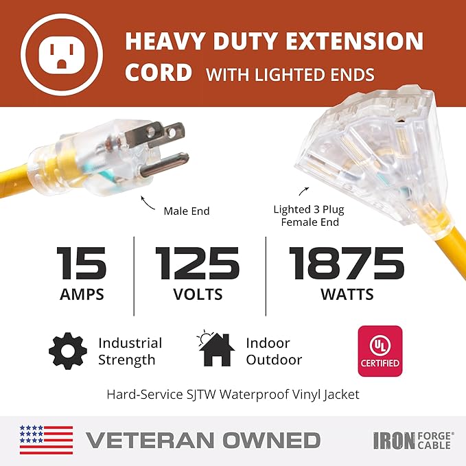 Iron Forge Cable 10 Gauge 100ft Lighted Outdoor Heavy Duty Extension Cord with 3 Outlets - 15 Amp 10/3 SJTW Yellow Extension Cord with Multiple Outlets