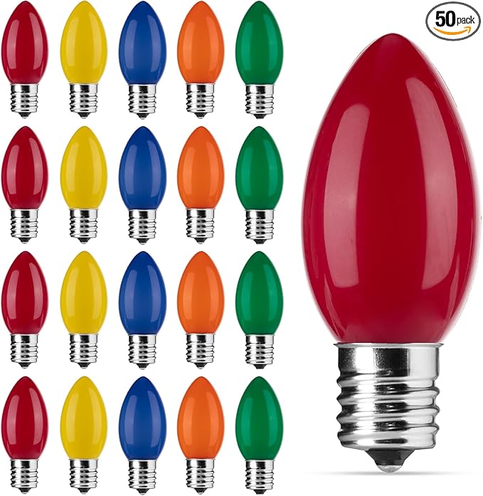 Brightown C9 LED Replacement Christmas Bulbs, 50 Pack Multicolor Shatterproof C9 Bulbs, Waterproof Commercial LED Holiday Bulb for Christmas String Light, E17 Intermediate Base, Dimmable
