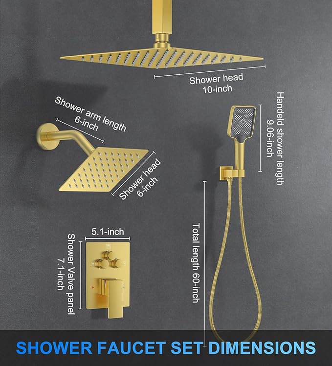 Shower Faucet Set, 10" Ceiling Mount Rainfall Shower System with 2 Rain Shower Head and Multi-function Handheld Head Push Button Diverter Shower Faucet Trim Kit Brushed Gold