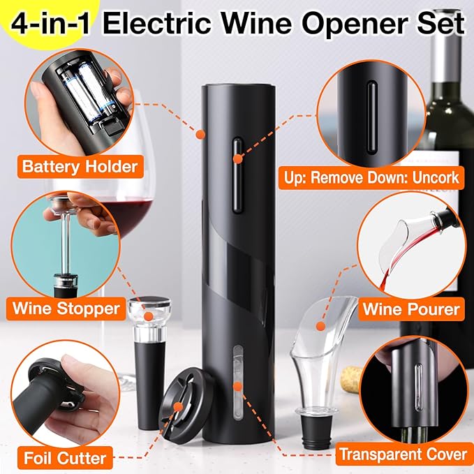 Electric Wine Opener 4-in-1 Gift Set, Vacuum Wine Stopper, Wine Pourer, Foil Cutter, Corkscrew, Battery Operated, Wine Cap, Wine Aerator, Easy Wine Cork Removal to Storage(SGS)