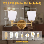 2-Light Gold Bathroom Light Fixtures, Wall Sconce with Brass Base & Milk Glass Shade, Gold Vintage Wall Lamp for Bedroom, Living Room, Hallway,Vanity,E26 Socket (Bulbs Not Included)