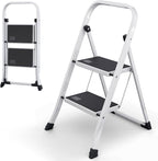 Lifetime Home 2-Step Ladder with Wide Anti-Slip Platform & Thick Rubber Feet - Lightweight Heavy Duty Foldable & Portable - 330 lbs Capacity, Steel Frame, Rubber Handgrip, Folding Step Stool - White