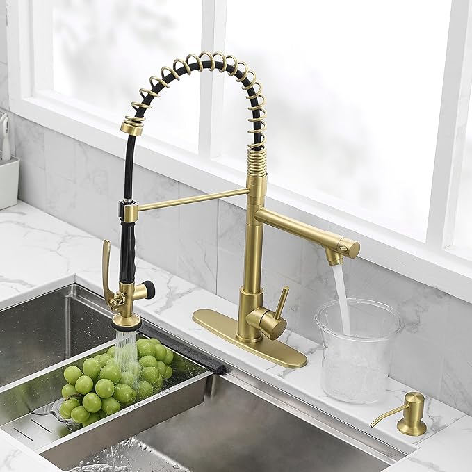 Fapully Commercial Kitchen Sink Faucet with Pull Down Sprayer Brushed Gold Single Handle Faucets for Kitchen Sink, Kitchen Faucet with Soap Dispenser and Deck Plack for 4 Hole
