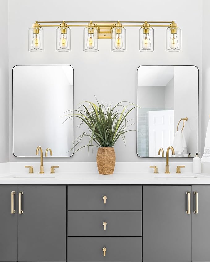 6 Light Bathroom Vanity Light, HWH Brushed Gold Light Fixture Bathroom Wall Vanity Lights, Modern Brass Vanity Lights Over Mirror with Clear Glass Shade, 5HLT63B-6W BG