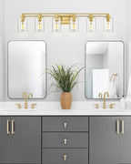 6 Light Bathroom Vanity Light, HWH Brushed Gold Light Fixture Bathroom Wall Vanity Lights, Modern Brass Vanity Lights Over Mirror with Clear Glass Shade, 5HLT63B-6W BG