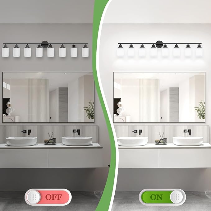 8-Light Vanity Lights, Black Bathroom Light Fixture with Striped Textured Milky White Glass Shade, Modern Vanity Lighting Fixture for Bathroom Wall Light Over Mirror, E26 Wall Sconce