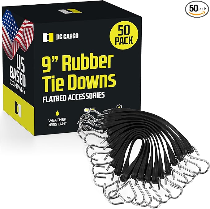 Pack of 50 Tarp Straps for Flatbed Trailers, 9" Long Natural Rubber Bungee Cord Tie-Downs Ideal for Securing Tarps, Canvases, Cargo in Cold Climates | Tie-Downs w/ Metal S-Hooks